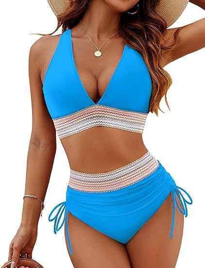 ππ2025 High Waisted Tummy Control Colour Block Bikini Sets