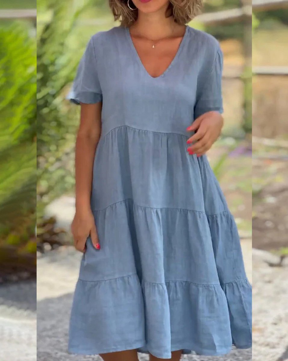 -Cotton linen v-neck solid color dress - buy 2 free shipping