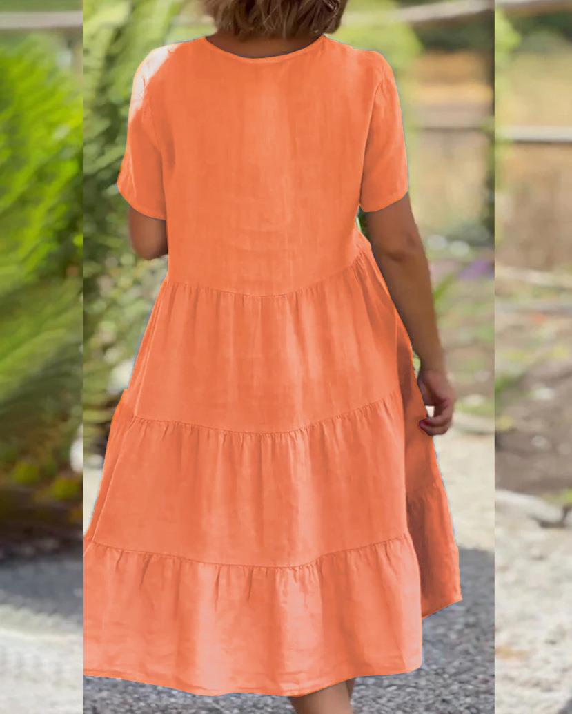 -Cotton linen v-neck solid color dress - buy 2 free shipping