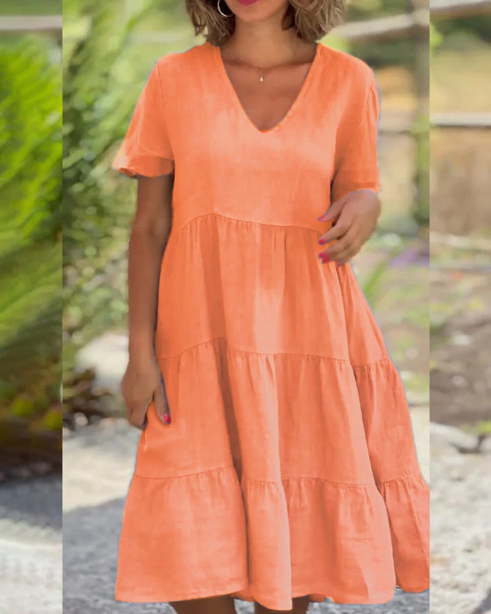 -Cotton linen v-neck solid color dress - buy 2 free shipping