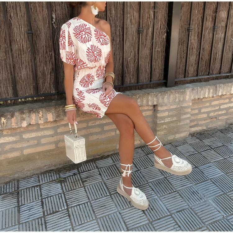 Unique Printed One-shoulder Pleated Slim Fit Resort Mini Dress