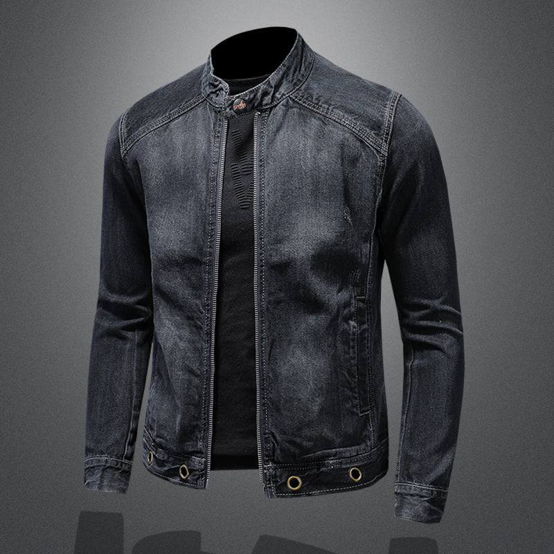 Men's Stand Collar Dark Blue Retro Zipper Denim Jacket