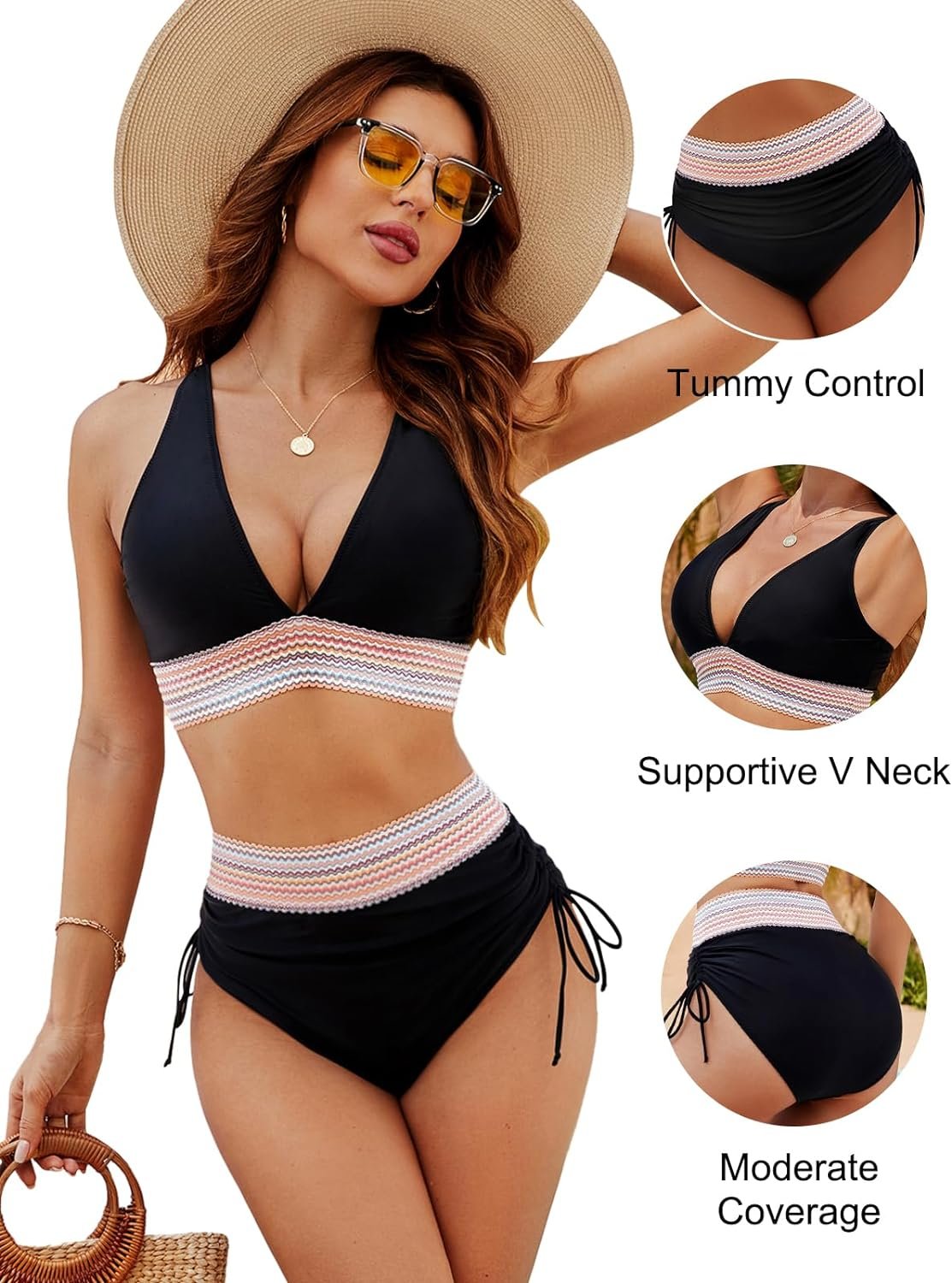 ππ2025 High Waisted Tummy Control Colour Block Bikini Sets
