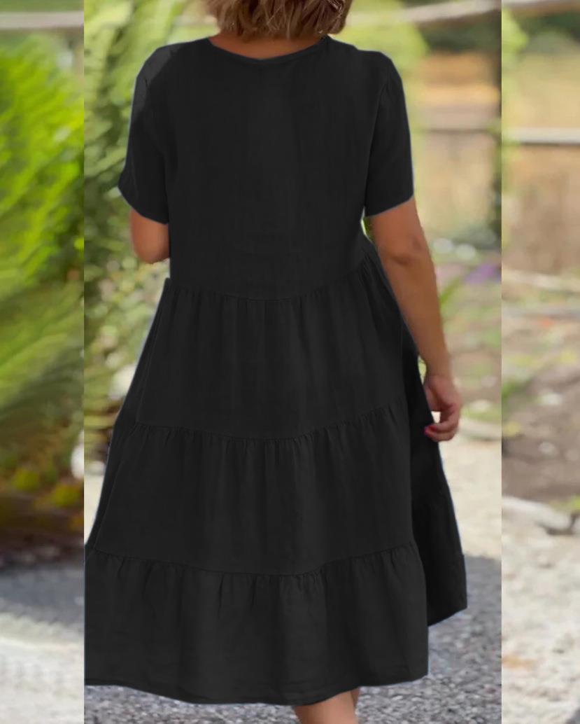 -Cotton linen v-neck solid color dress - buy 2 free shipping