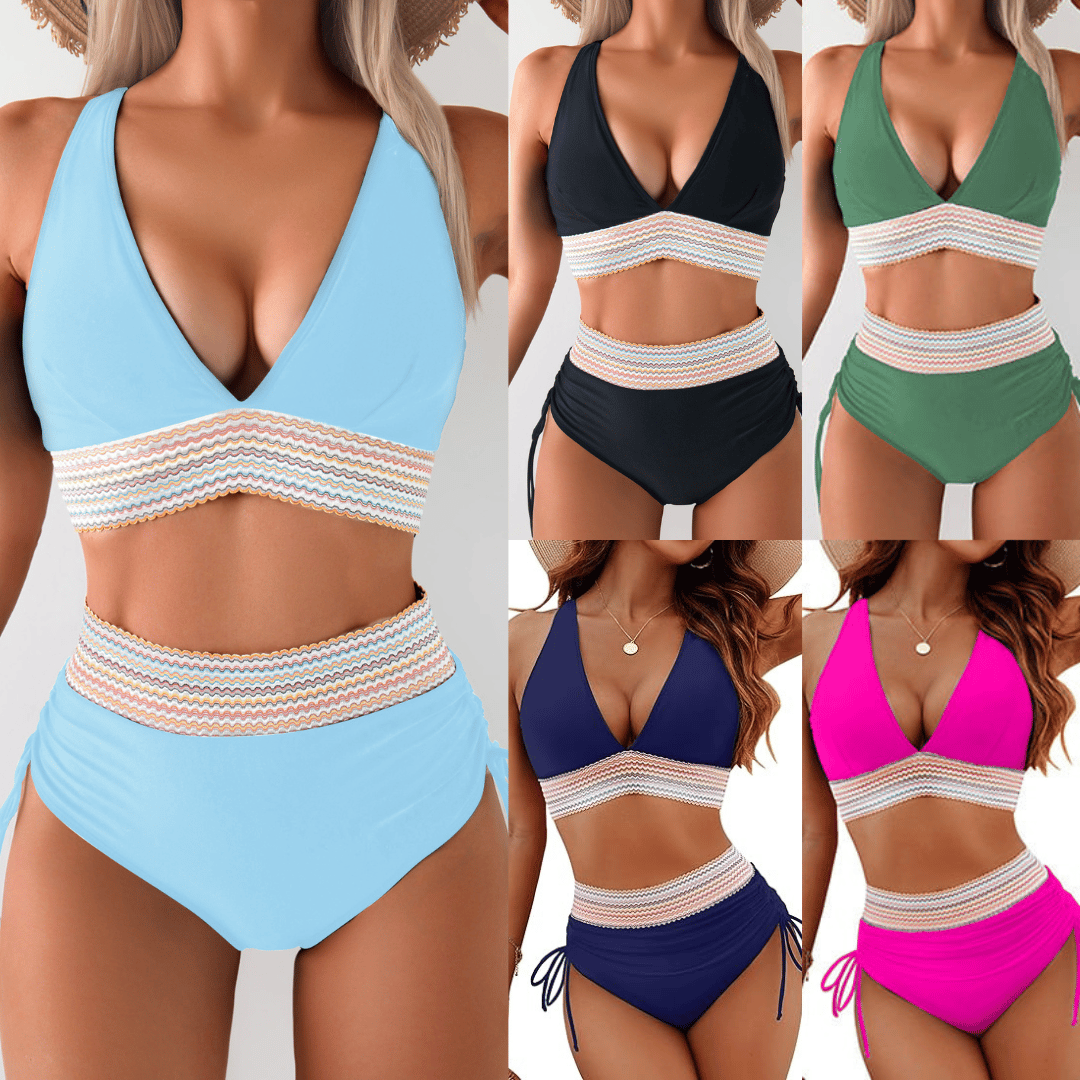 ππ2025 High Waisted Tummy Control Colour Block Bikini Sets