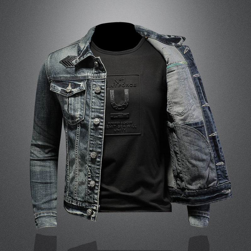 Fashion stand collar denim jacket trendy stretch denim jacket coat