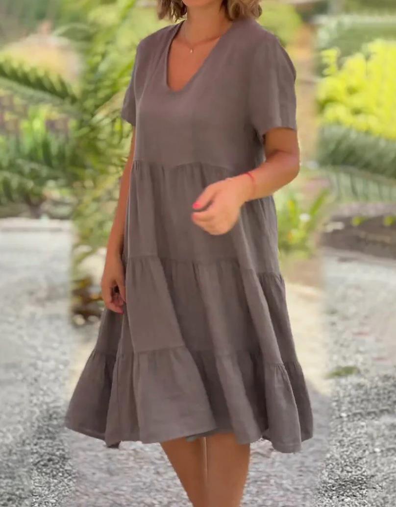 -Cotton linen v-neck solid color dress - buy 2 free shipping