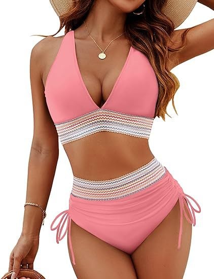 ππ2025 High Waisted Tummy Control Colour Block Bikini Sets