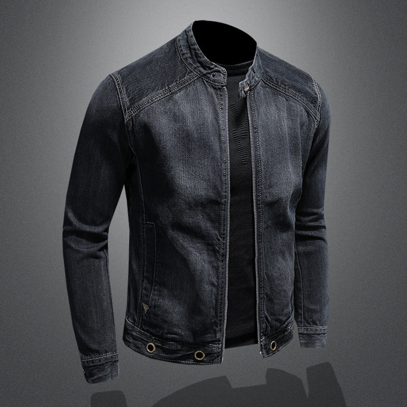Men's Stand Collar Dark Blue Retro Zipper Denim Jacket