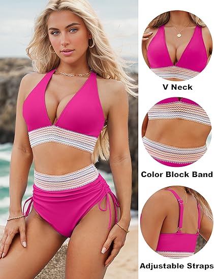 ππ2025 High Waisted Tummy Control Colour Block Bikini Sets