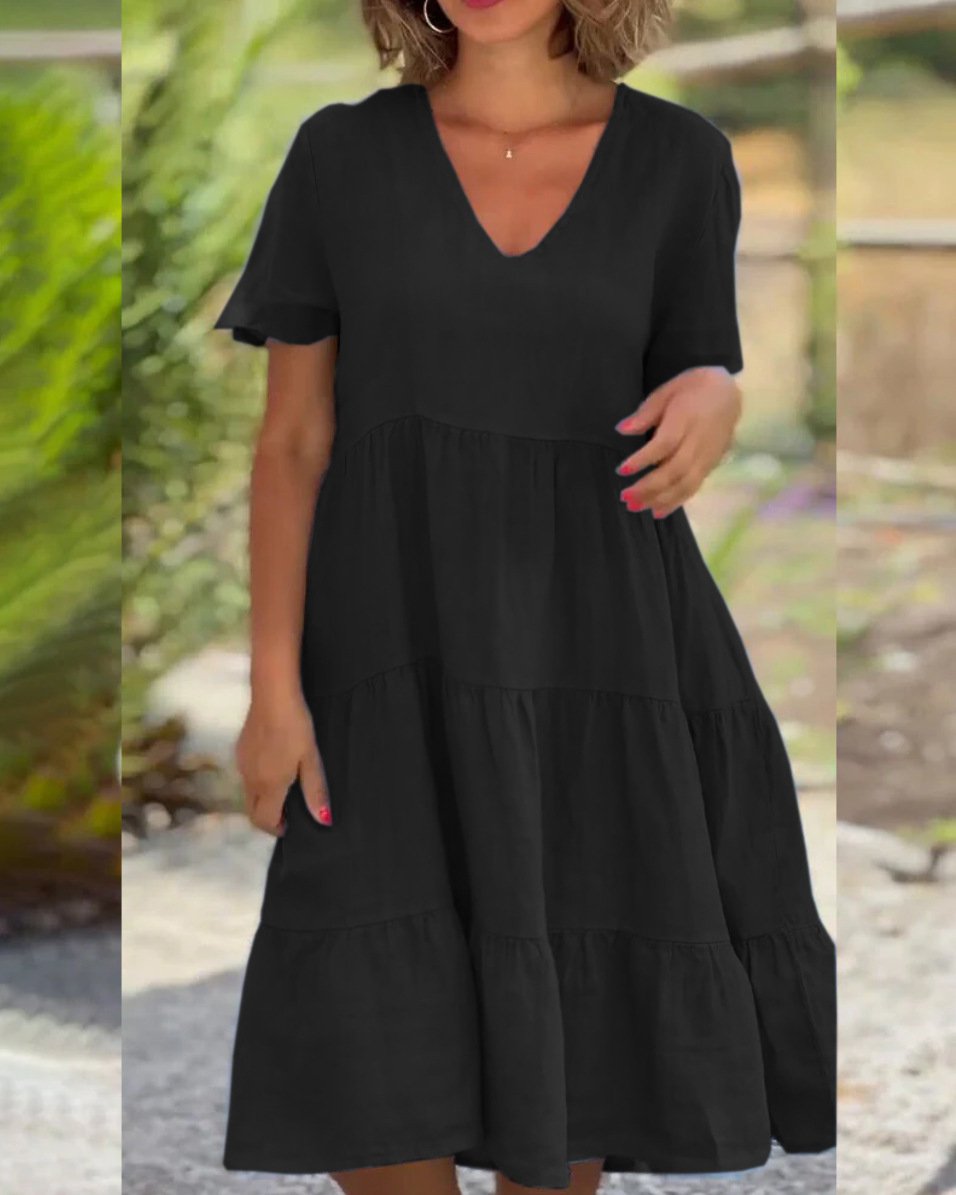 -Cotton linen v-neck solid color dress - buy 2 free shipping