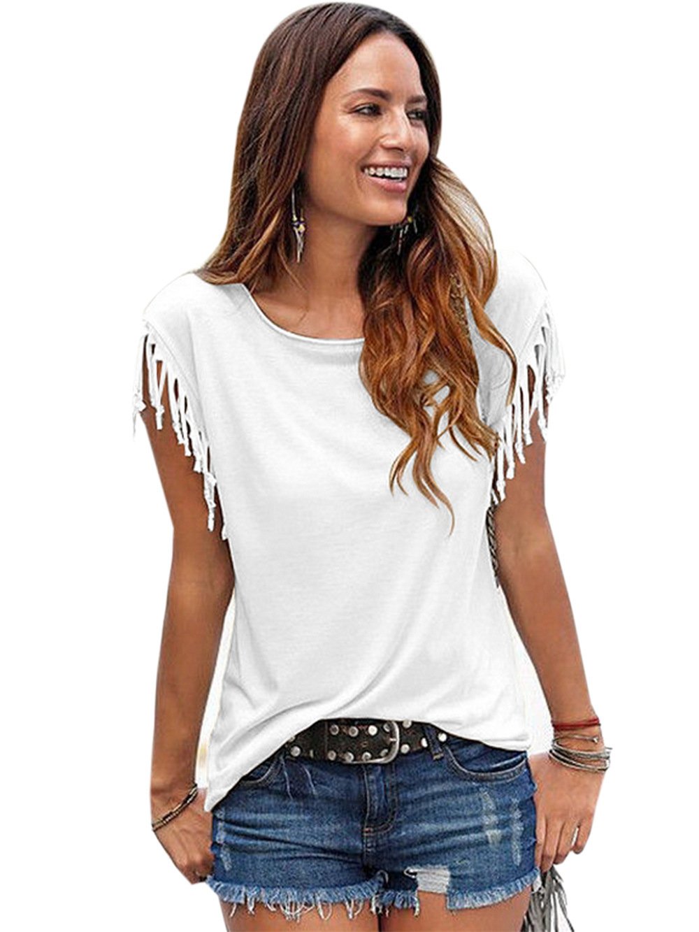 Women's Round Neck Tassel Short Sleeve Casual T-shirt (Buy 2 Free Shipping)
