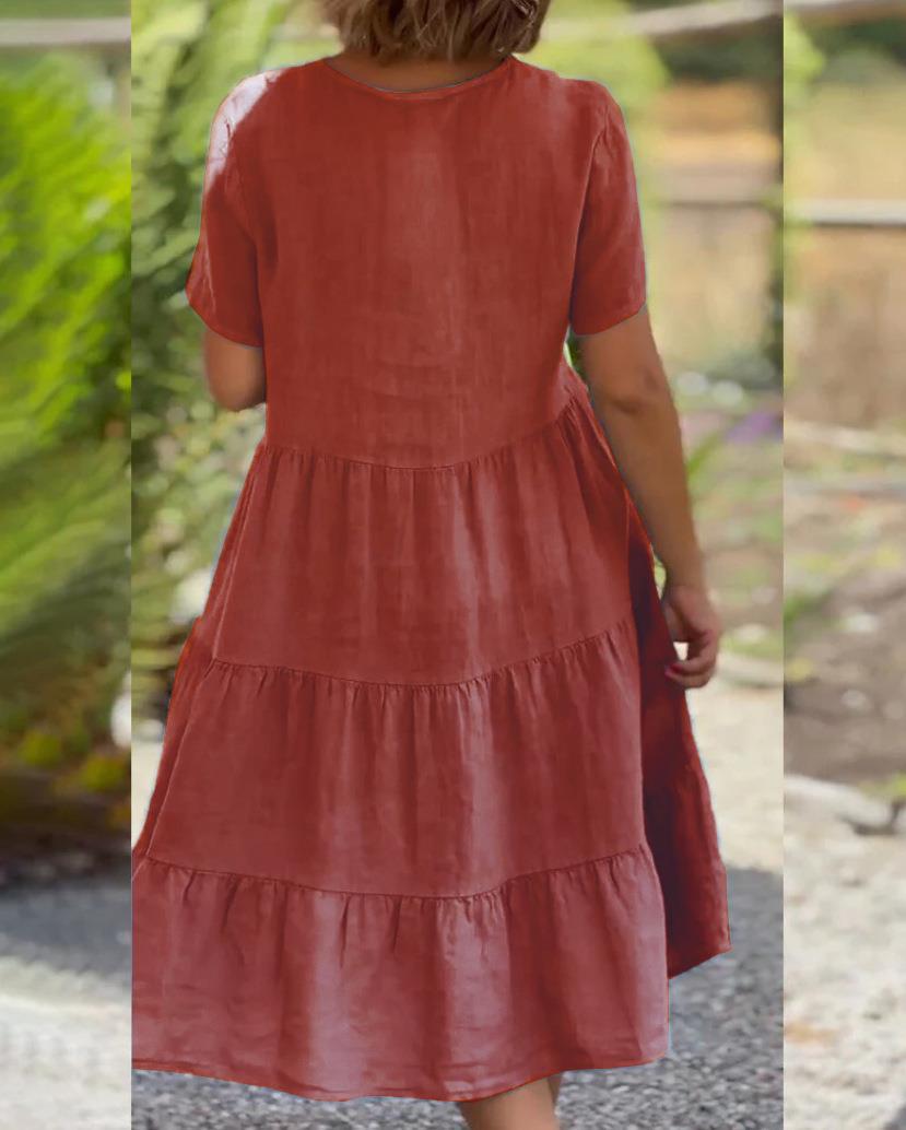 -Cotton linen v-neck solid color dress - buy 2 free shipping