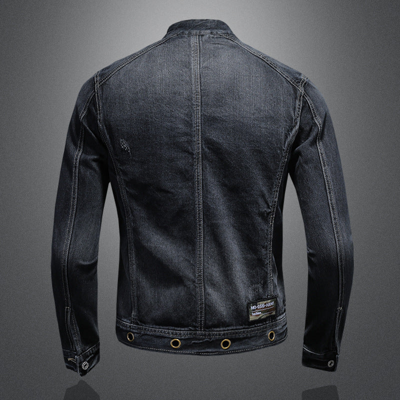 Men's Stand Collar Dark Blue Retro Zipper Denim Jacket