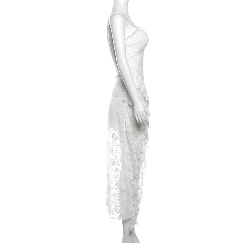 Lace ruffle flower pattern cami midi dress