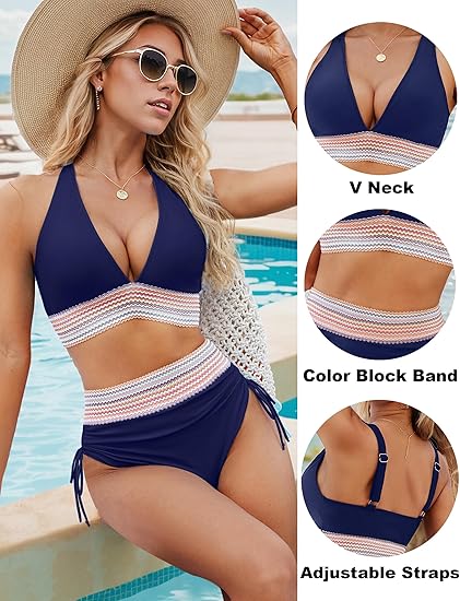 ππ2025 High Waisted Tummy Control Colour Block Bikini Sets
