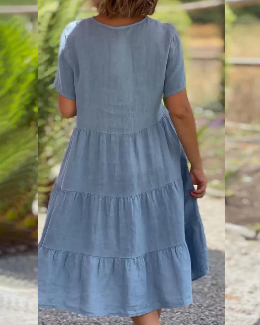 -Cotton linen v-neck solid color dress - buy 2 free shipping