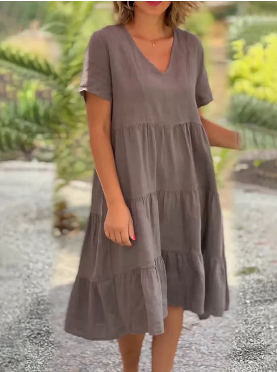 -Cotton linen v-neck solid color dress - buy 2 free shipping