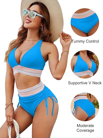 ππ2025 High Waisted Tummy Control Colour Block Bikini Sets