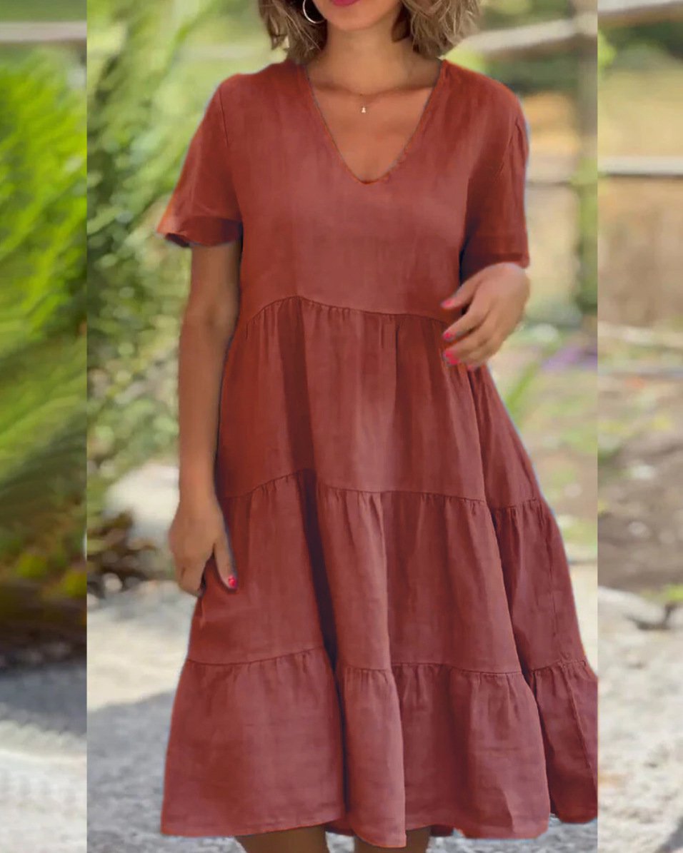 -Cotton linen v-neck solid color dress - buy 2 free shipping