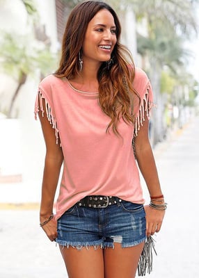 Women's Round Neck Tassel Short Sleeve Casual T-shirt (Buy 2 Free Shipping)