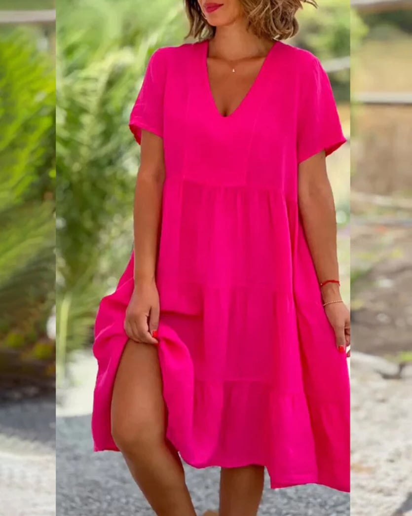 -Cotton linen v-neck solid color dress - buy 2 free shipping