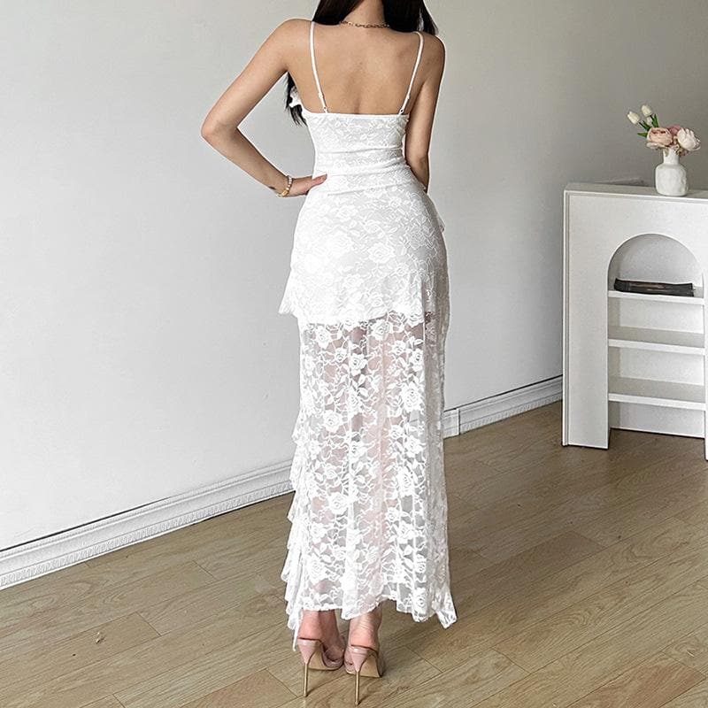 Lace ruffle flower pattern cami midi dress