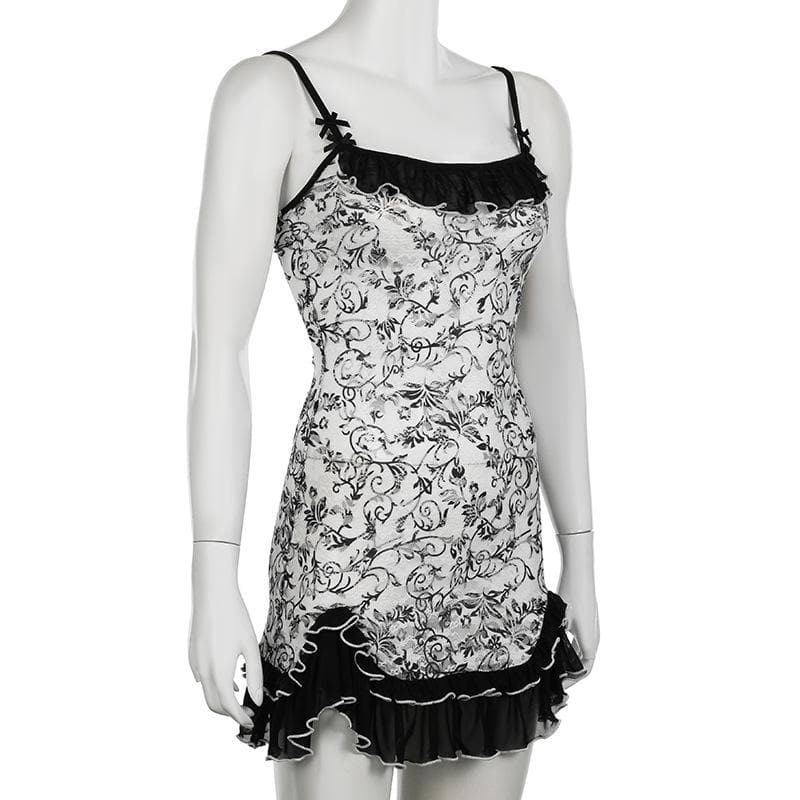 Mesh ruched ruffle bowknot print cami mini dress