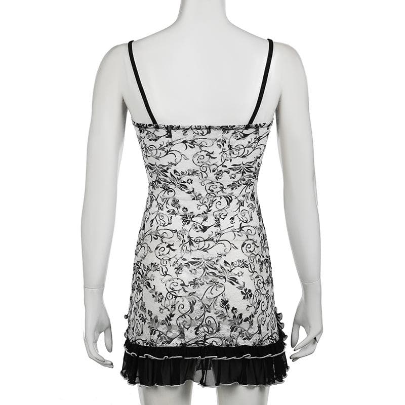 Mesh ruched ruffle bowknot print cami mini dress
