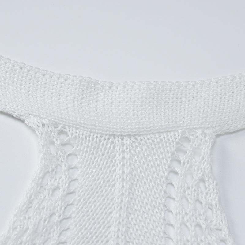 Crochet solid backless sleeveless halter self tie mini dress
