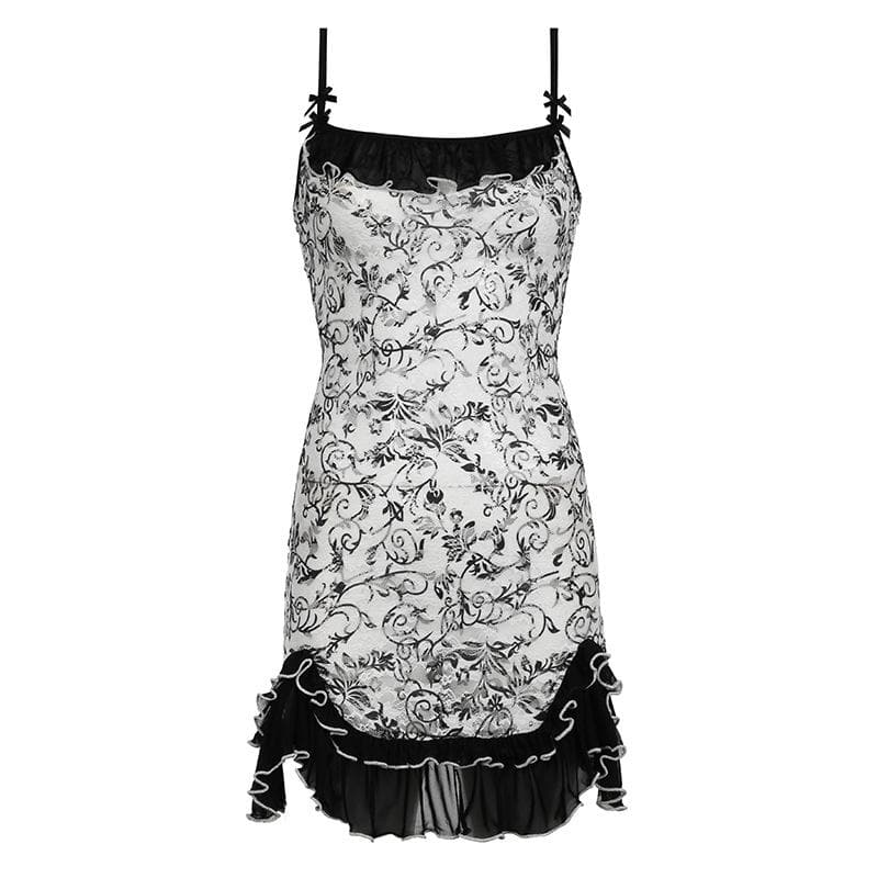 Mesh ruched ruffle bowknot print cami mini dress
