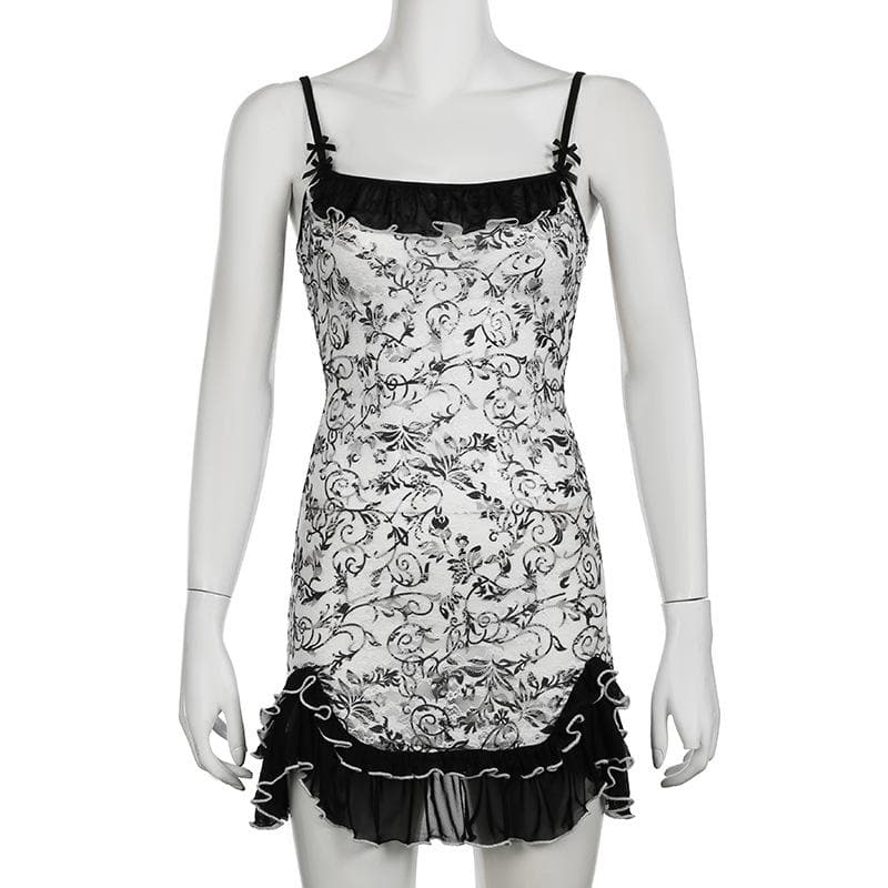 Mesh ruched ruffle bowknot print cami mini dress