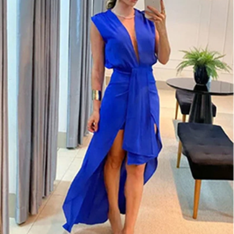 Sleeveless Deep V Neck High-Low Dress
