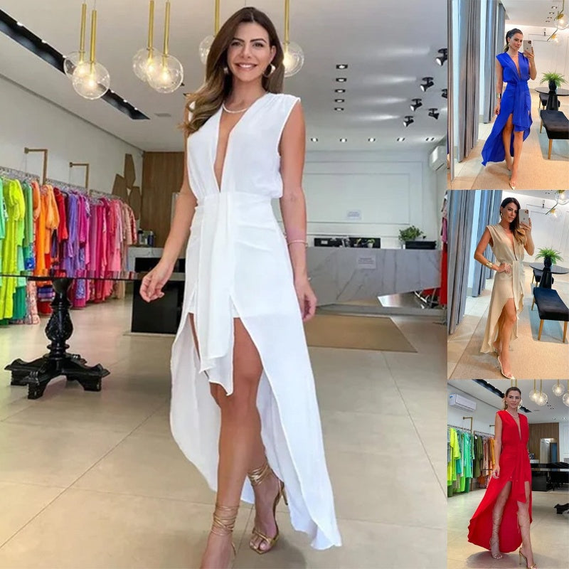 Sleeveless Deep V Neck High-Low Dress