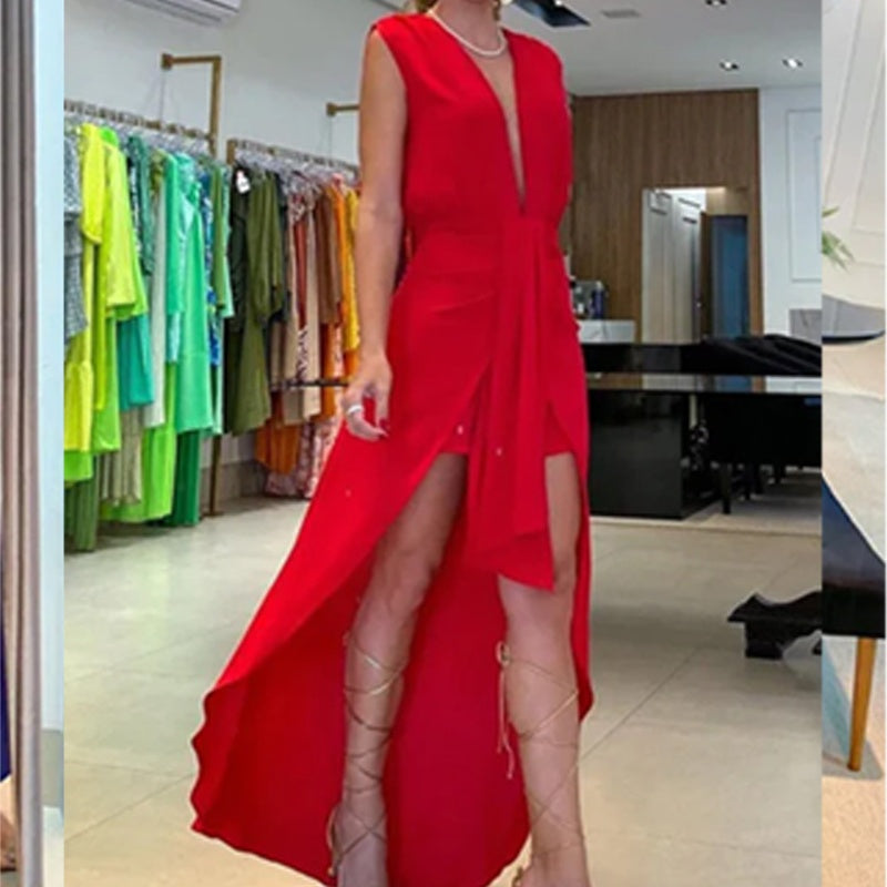 Sleeveless Deep V Neck High-Low Dress