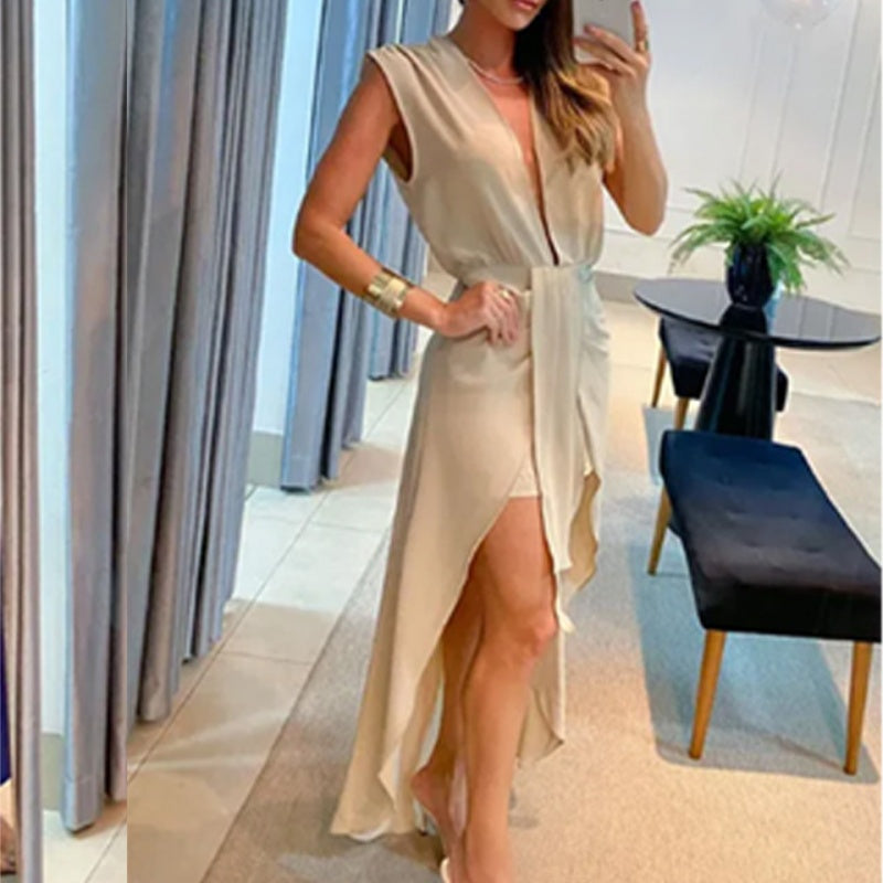 Sleeveless Deep V Neck High-Low Dress