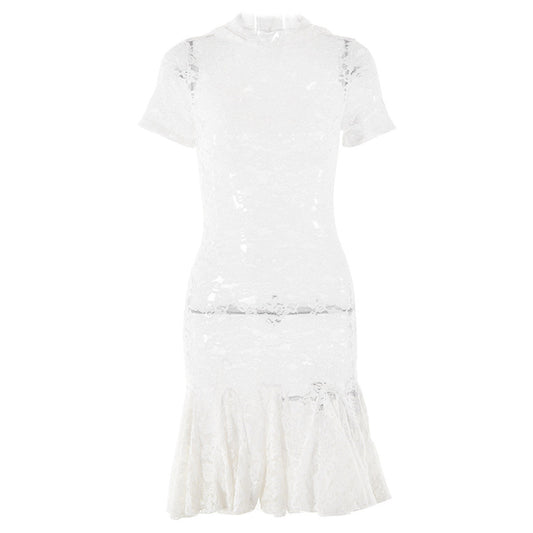 Short sleeve hoodie lace see through mini dress