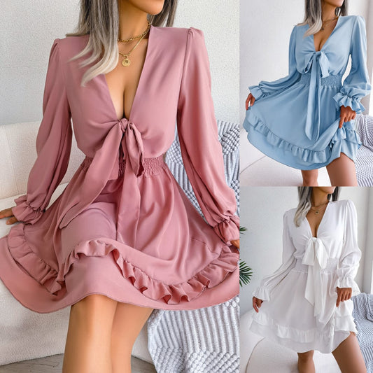 V-neck mini lace vacation loose sexy dress