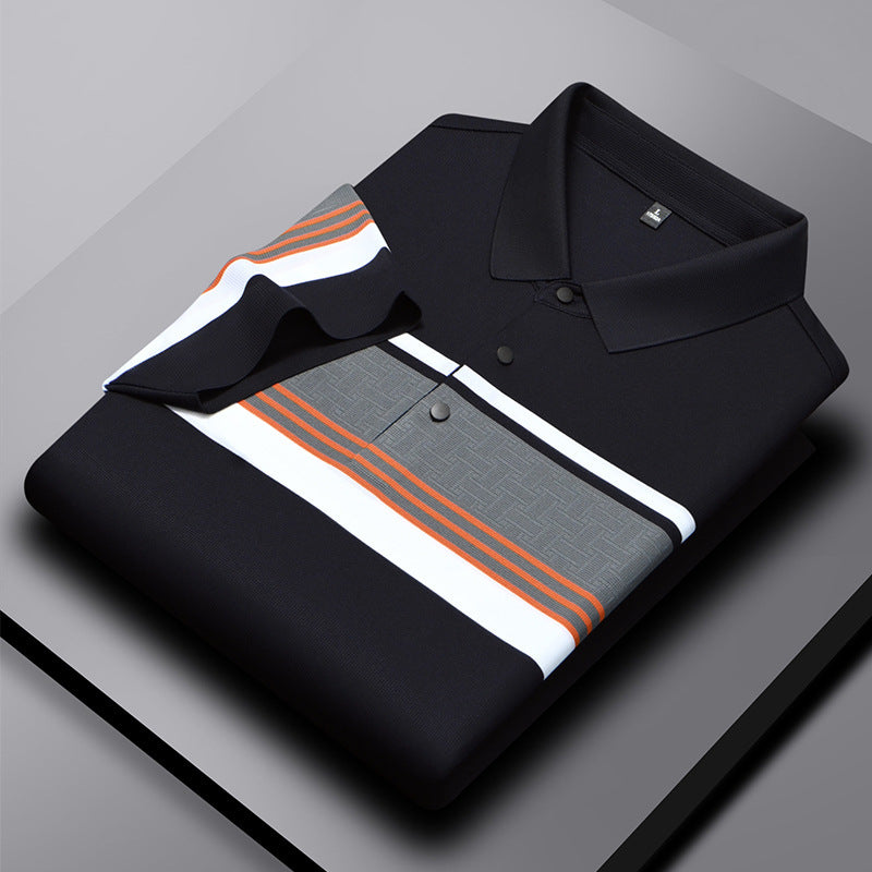 Men's high-end casual comfortable short-sleeved T-shirt men's wide striped fashion polo shirt