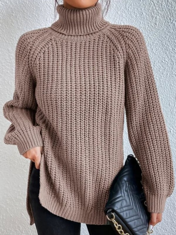 Cotton Turtleneck Raglan Sleeve Split Hem Sweater