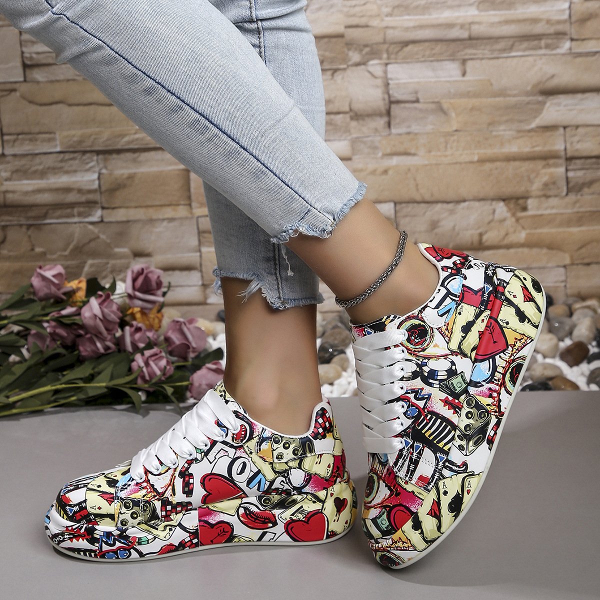 [36-43]Graffiti Platform Lace Up Shoes For Women Casual Walking Shoes