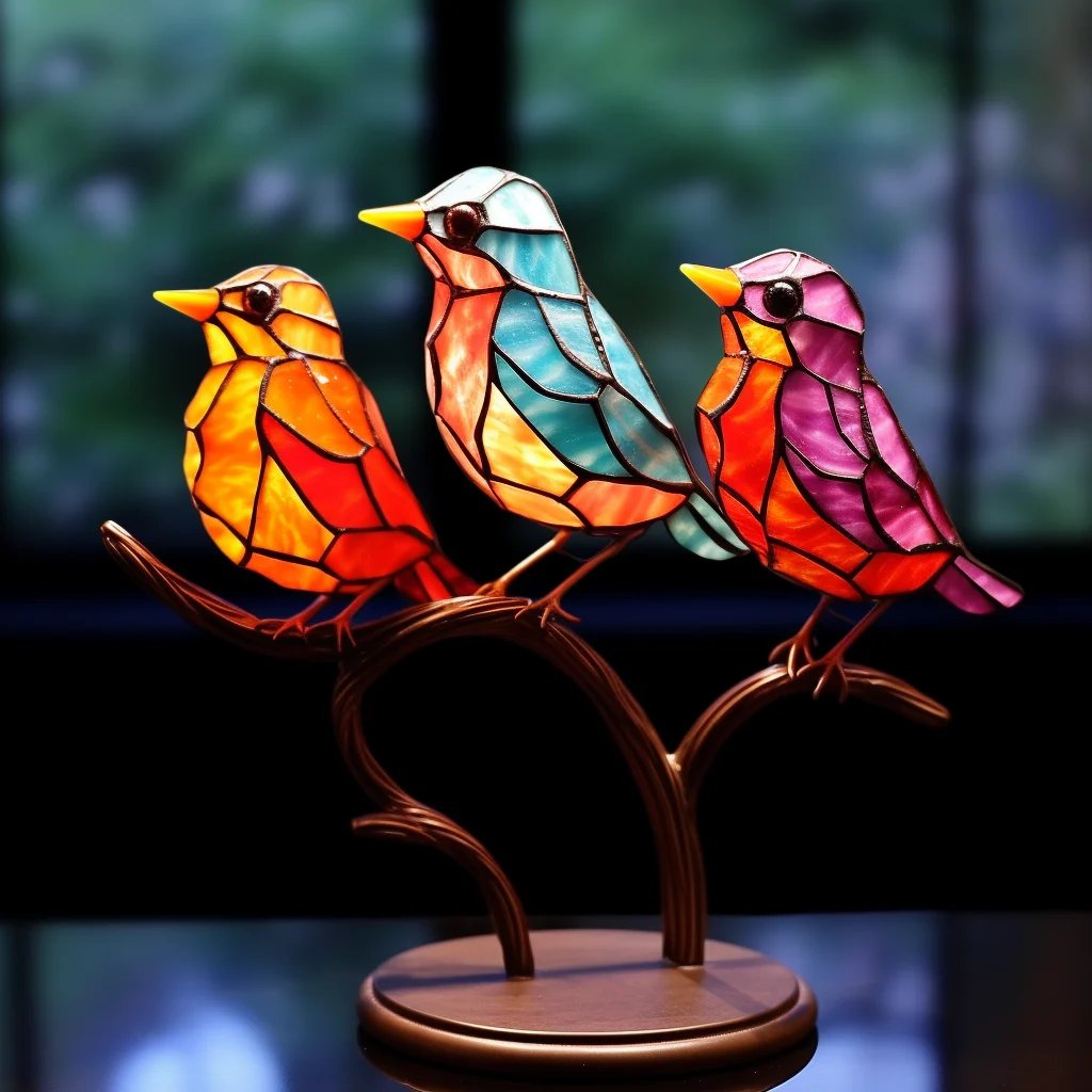 Colorful bird table decoration on tree branches