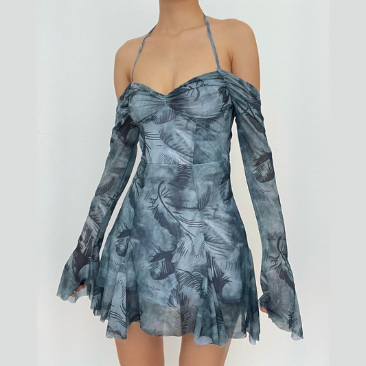 Long sleeve tie dye off shoulder ruched sweetheart neck self tie backless mini dress