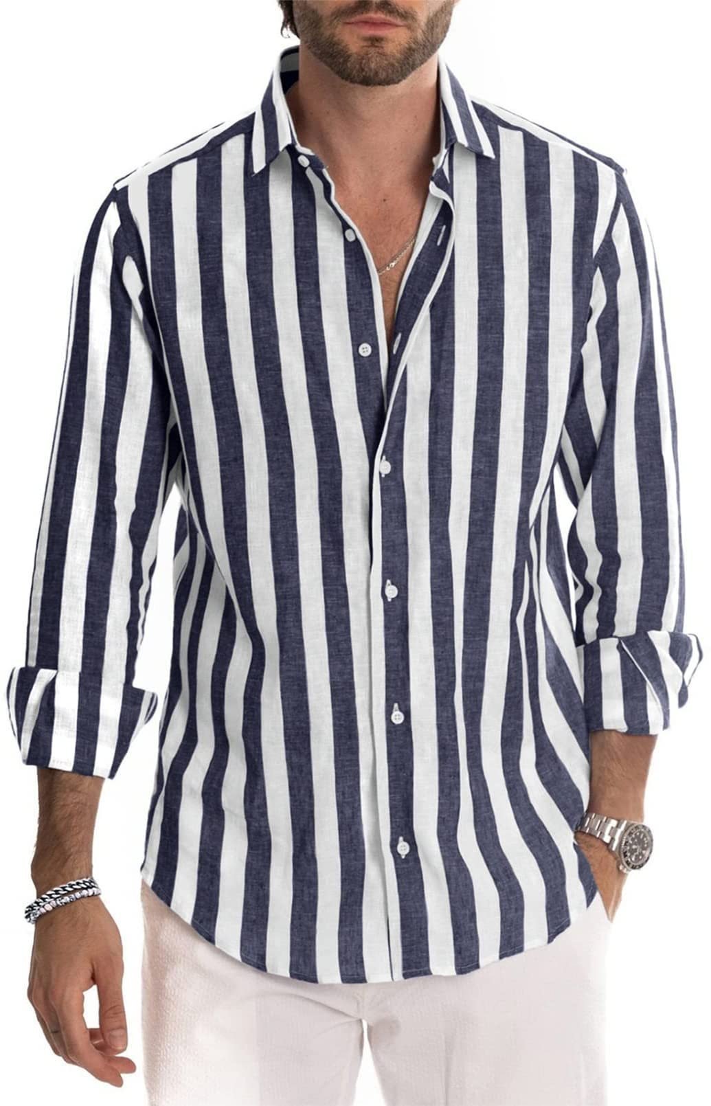 🔥Spring summer men's cotton linen striped button shirt-BUY 2 FREE SHIPPING