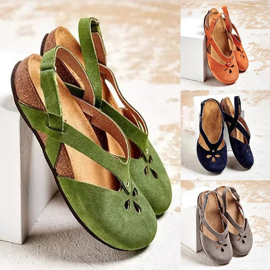 Retro Suede Low Heels Flats Buckle Sandals