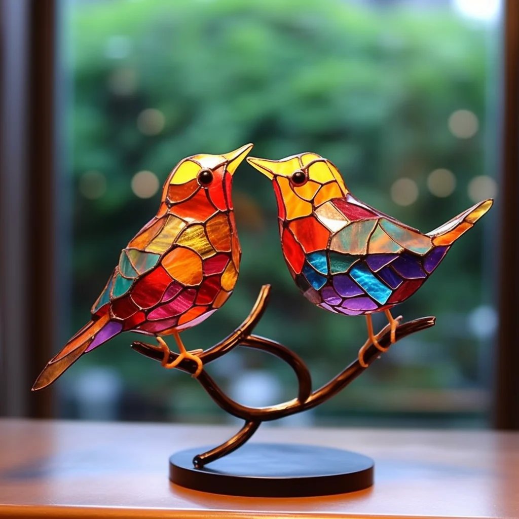 Colorful bird table decoration on tree branches