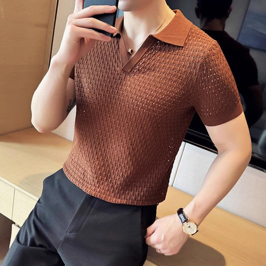 Hollow T-shirt knitted top cool ice silk thin casual half-sleeved Polo shirt trend