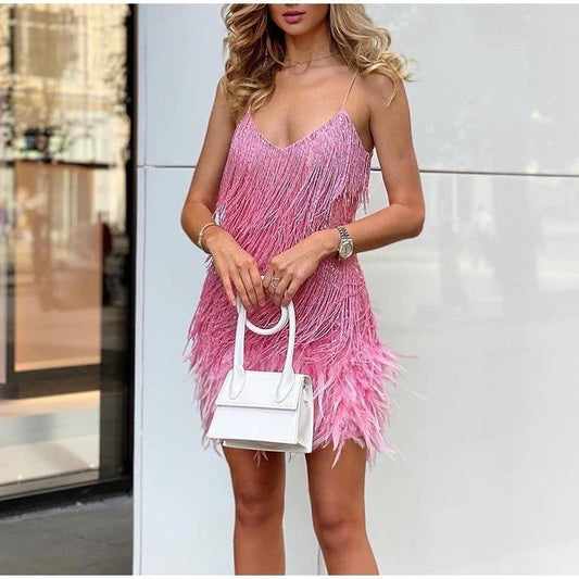 Women's Feather Fringe Sequin Spaghetti Strap Dress