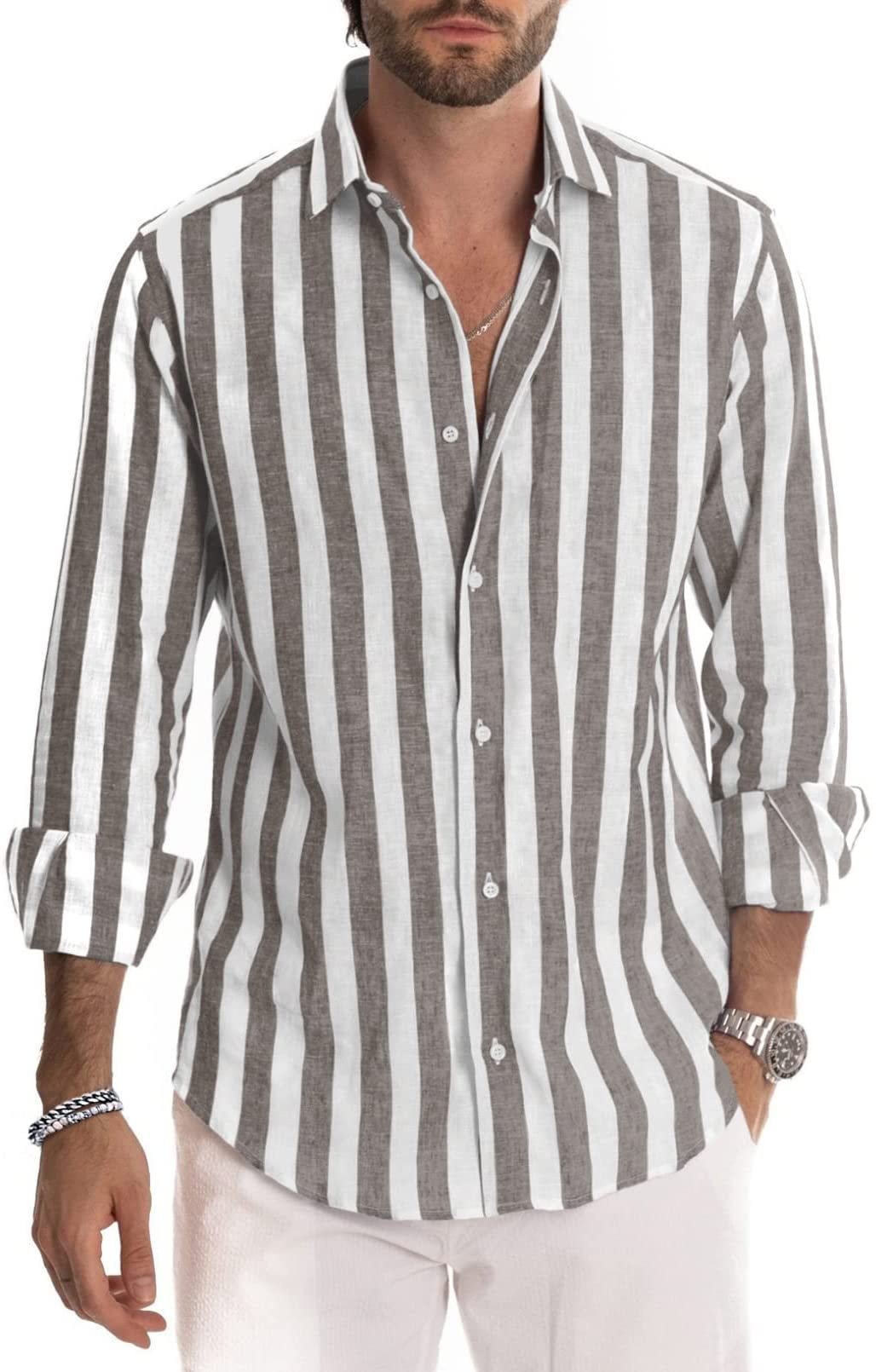 🔥Spring summer men's cotton linen striped button shirt-BUY 2 FREE SHIPPING