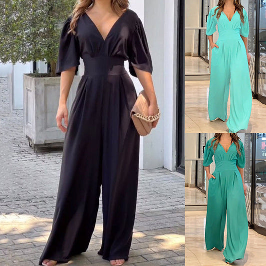 V-neck high waist loose wide-leg jumpsuit